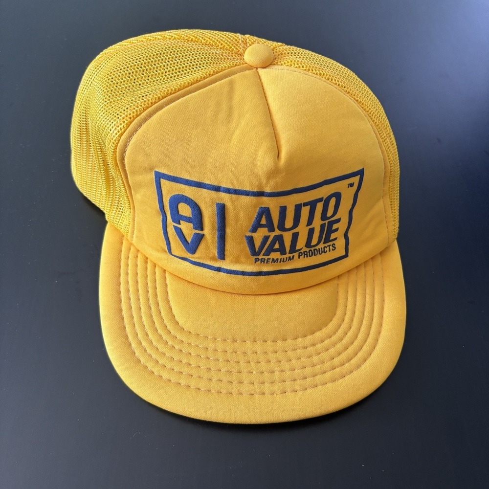 Vtg Auto Value Premium Products Mesh Trucker SnapBack Hat‎ Yellow OSFM YoungAn